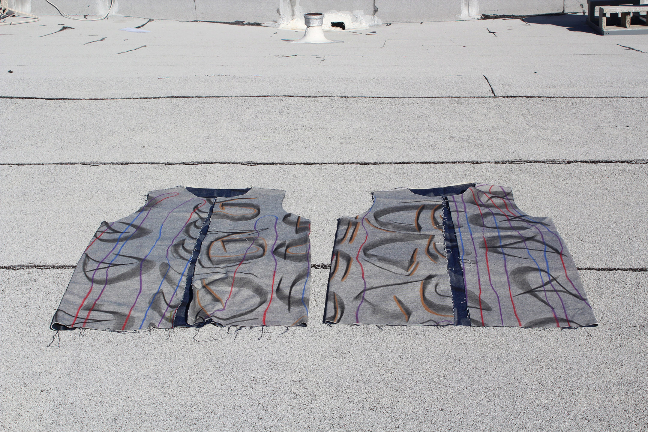 Two vests on bitumen rooftop